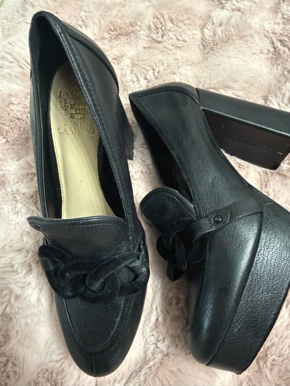 Vince Camuto Black Leather Platform Loafers with Braided Vamp